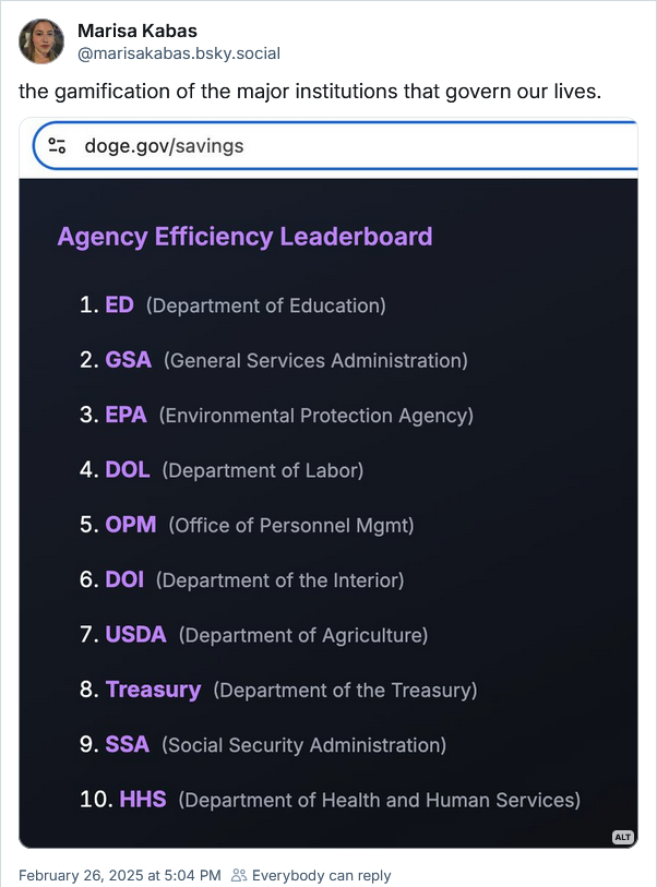 Fig 1: Marisa Kabas on Bluesky posts "the gamification of the institutions that govern our lives" over a leaderboard of cuts Elon Musk's DOGE posted.